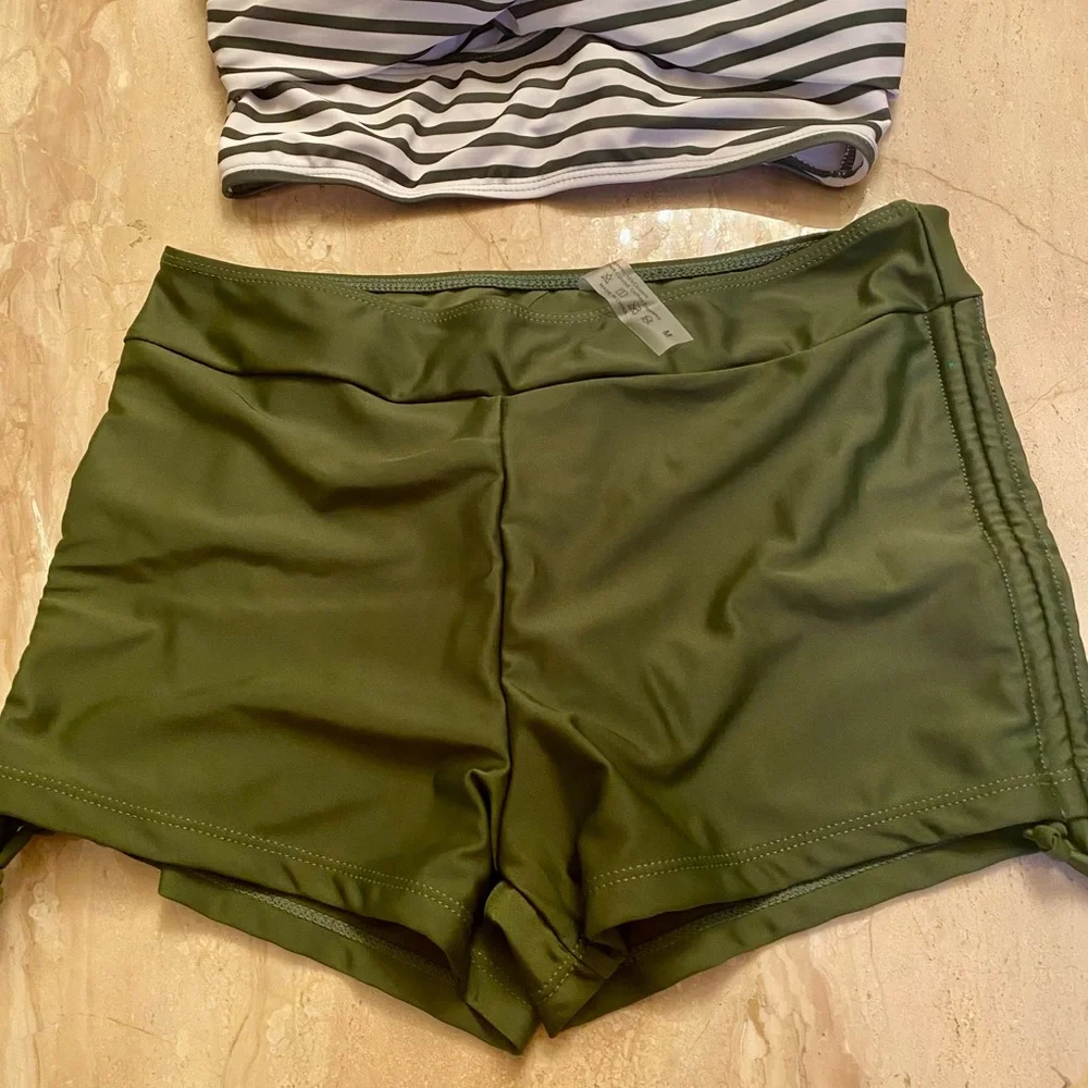 Striped V-Neck Swim Top & Olive Swim Shorts Set